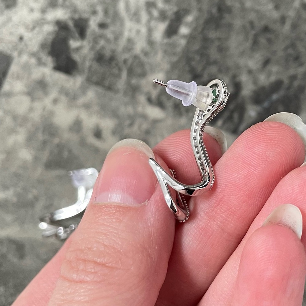 Silver Diamond Snake Ear Cuff Stud Earrings Emerald Eyes - Picture 7 of 10